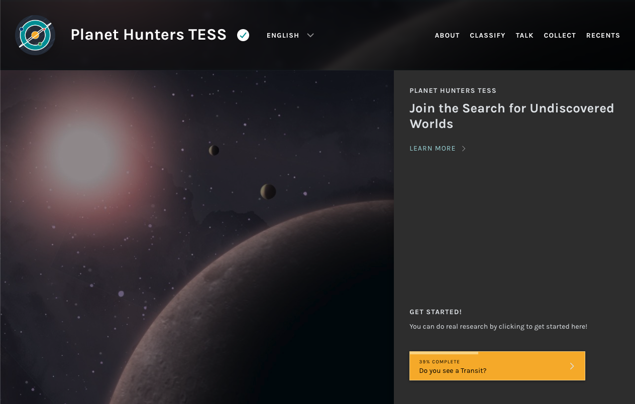 Screenshot of Zooniverse project Planet Hunters TESS.